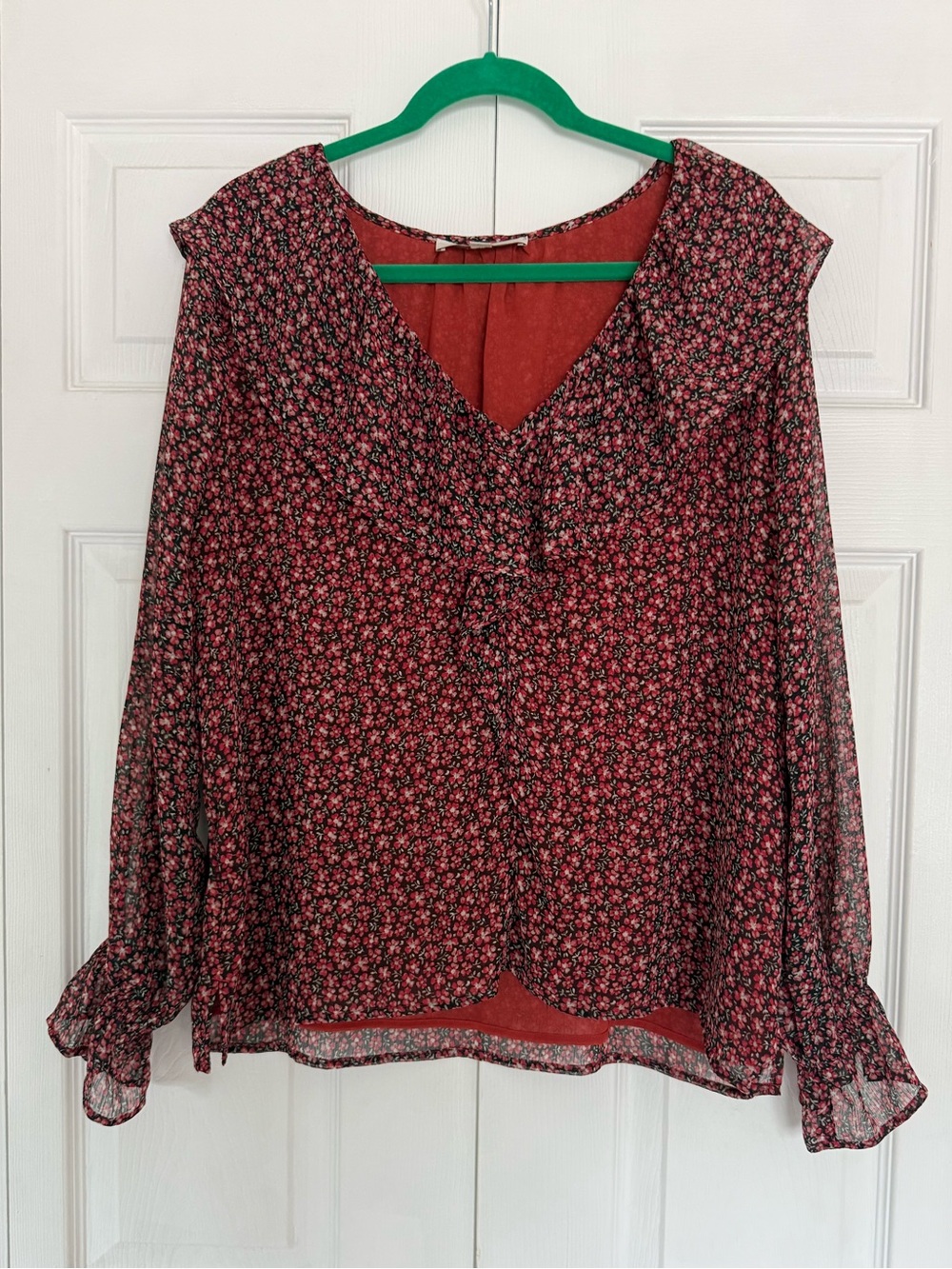 Loft Floral V-Neck Long Sleeve Peasant Blouse in red-orange size large